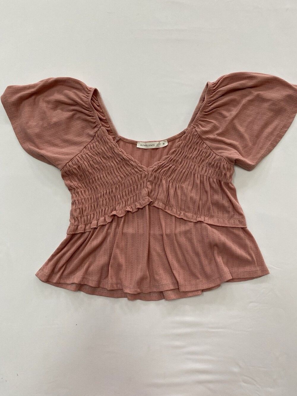 Altar'd State Smocked V-Neck Peplum Top | Mauve Pink Flutter Sleeve | Size M